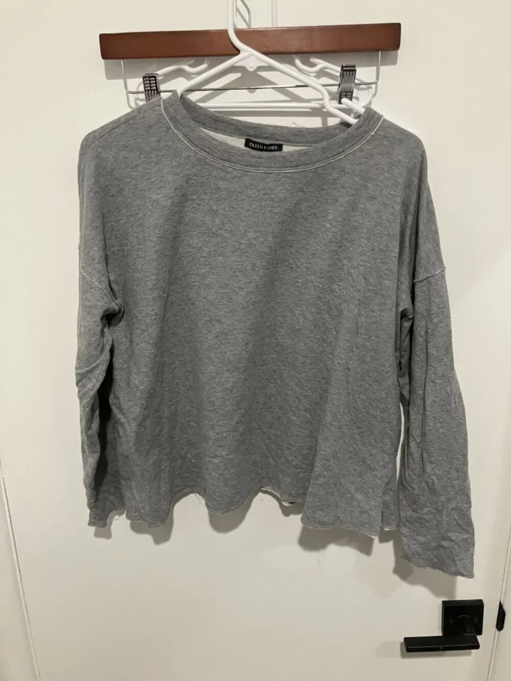 Eileen Fisher Gray 100% Organic Cotton Crew Neck Raw Hem Boxy Top Pullover Large